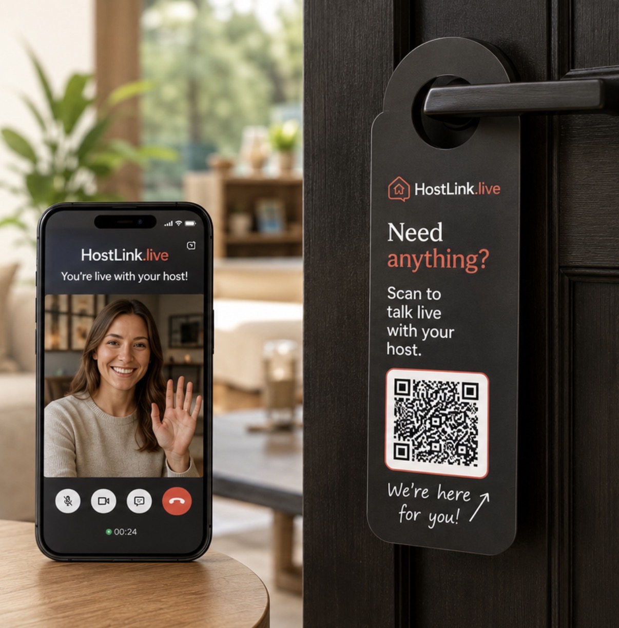 HostLink digital guest guide on a phone with a QR door hanger