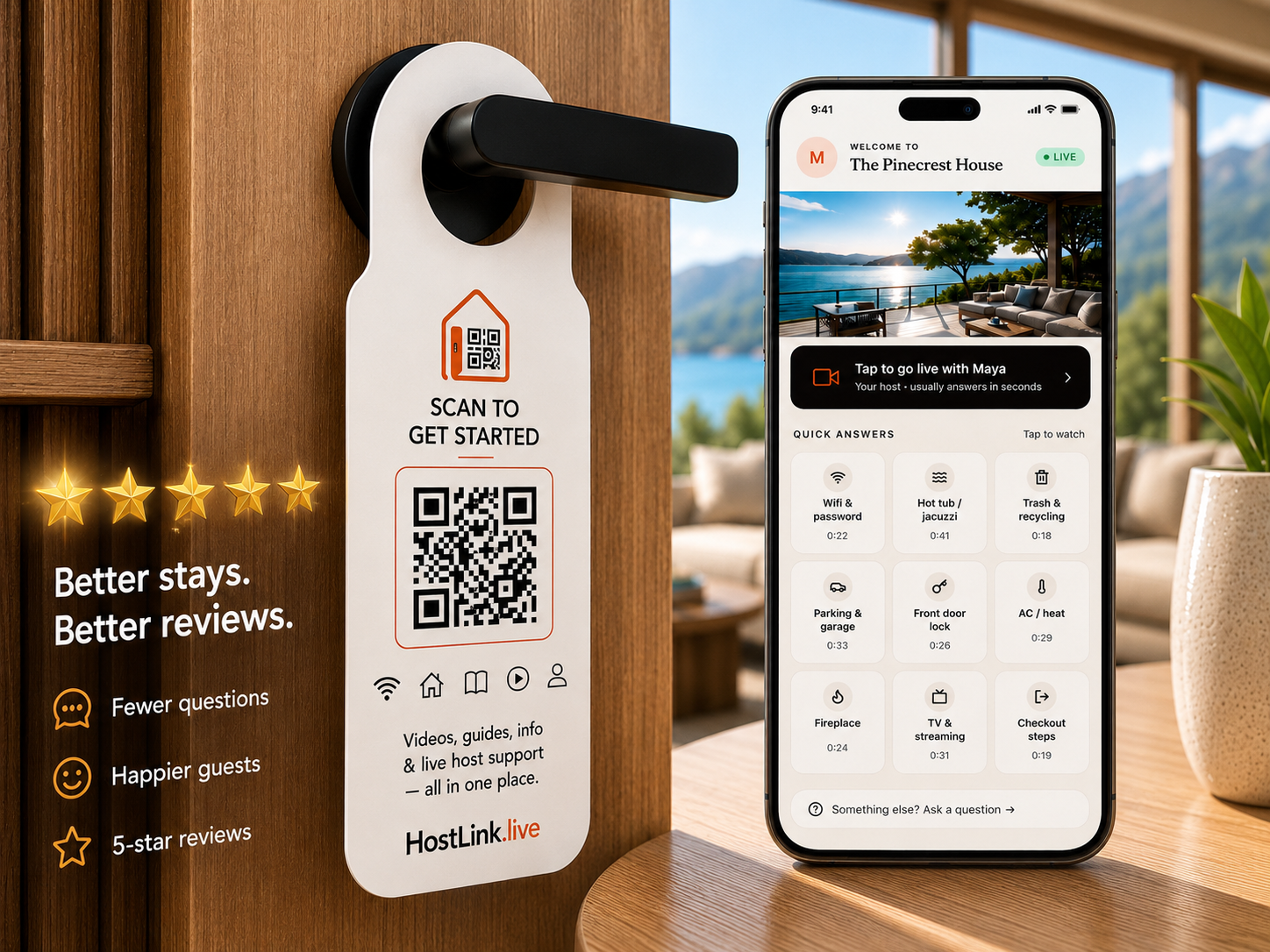 HostLink digital guest guide on a phone with a QR door hanger